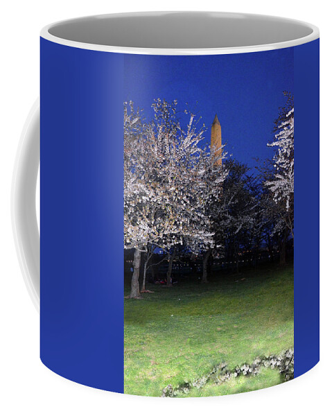Cherry Blossom Coffee Mug featuring the photograph Cherry blossoms overlooking Washington monument 1 by Harsh Malik
