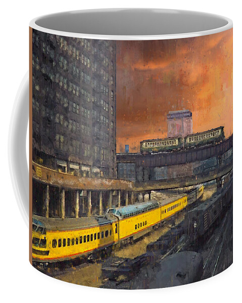 Chicago Coffee Mug featuring the painting Chicago 1957 The Hiawatha Leaves Union Station by Glenn Galen
