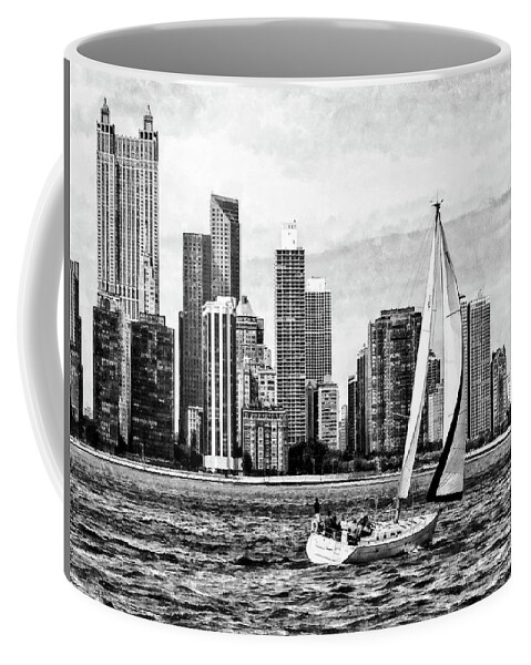 Chicago Coffee Mug featuring the photograph Chicago IL - Sailboat Against Chicago Skyline Black and White by Susan Savad
