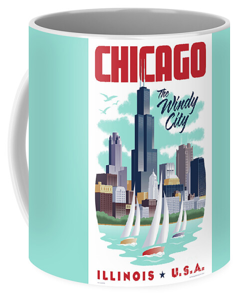 Art Deco Coffee Mug featuring the digital art Chicago Poster - Vintage Travel by Jim Zahniser