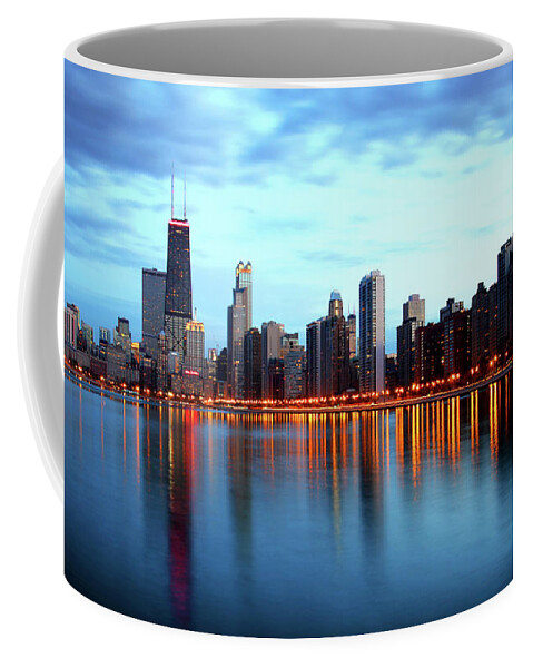 Architecture Coffee Mug featuring the photograph Chicago Skyline Dusk Lights Blue Water by Patrick Malon