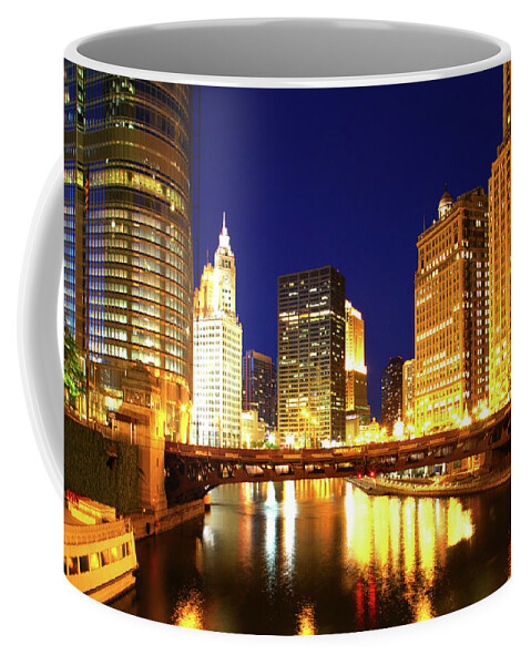 Chicago Skyline Coffee Mug featuring the photograph Chicago Skyline Night River by Patrick Malon
