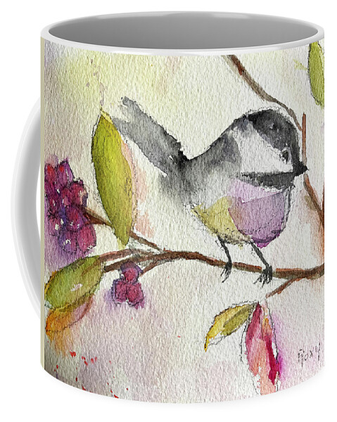 Watercolor Chickadee Coffee Mug featuring the painting Chickadee perched in a Tree by Roxy Rich