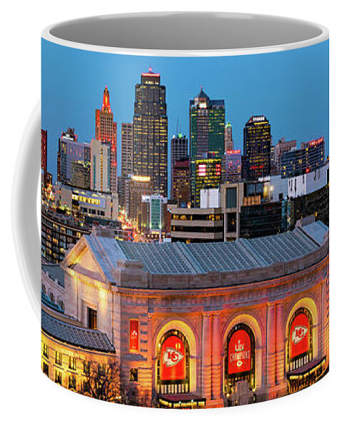 Kansas City Coffee Mug featuring the photograph Champion City Vibes - Kansas City Skyline Panorama by Gregory Ballos