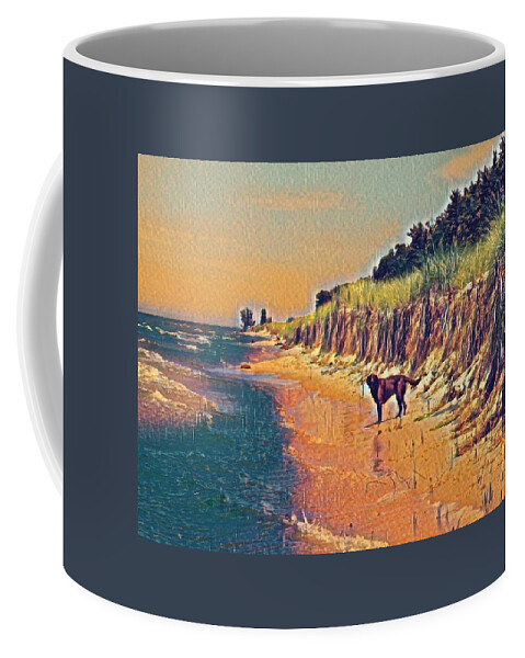 Chocolate Lab Coffee Mug featuring the photograph Chocolate Lab and sand dunes by Judy Stepanian