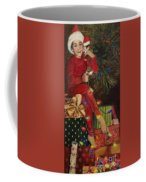 Christmas Coffee Mug featuring the painting Christmas elves by Merana Cadorette
