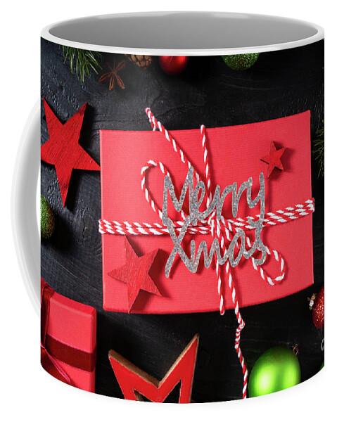 Christmas Coffee Mug featuring the photograph Christmas flat lay scene with golden decorations by Anastasy Yarmolovich