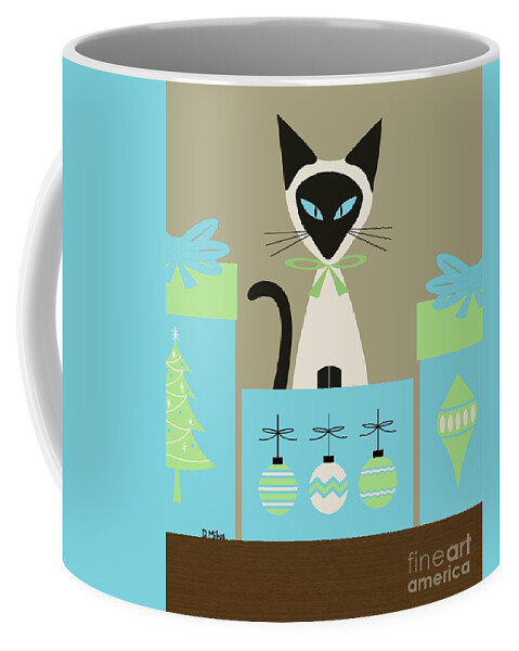 Mid Century Cat Coffee Mug featuring the digital art Christmas Siamese in Box by Donna Mibus
