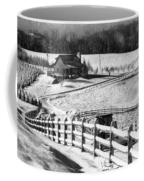North Carolina Coffee Mug featuring the photograph Christmas Tree Ranch in Snow bw by Dan Carmichael