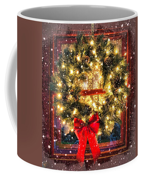 Christmas Coffee Mug featuring the digital art Christmas Wreath and Snow by Russ Considine