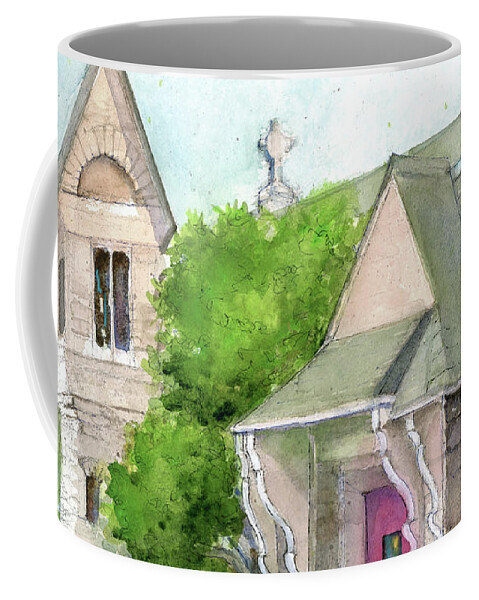 Stone Coffee Mug featuring the painting Church on High Street by Rebecca Matthews