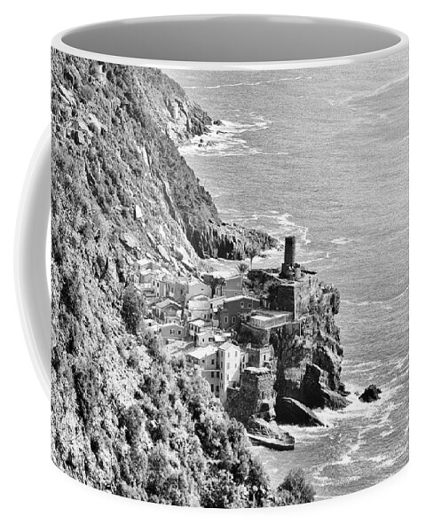 Cinque Terre Coffee Mug featuring the photograph Cinque Terre Trail Overlook of Vernazza and Doria Castle Italy Black and White by Shawn O'Brien