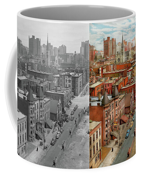 Chicago Coffee Mug featuring the photograph City - Chicago, IL - The Churches of Chicago 1942 - Side by Side by Mike Savad