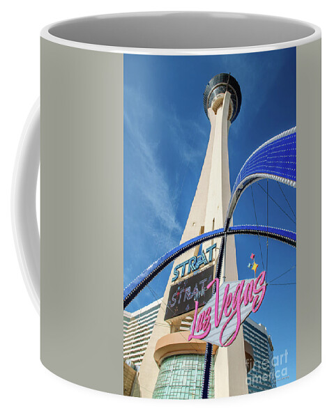 City Of Las Vegas Gateway Arch Coffee Mug featuring the photograph City of Las Vegas Arch and the Strat From Below Portrait by Aloha Art