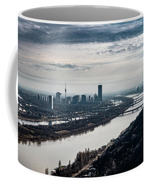 Aerial Coffee Mug featuring the photograph City Of Vienna With Suburbs And River Danube In Austria by Andreas Berthold