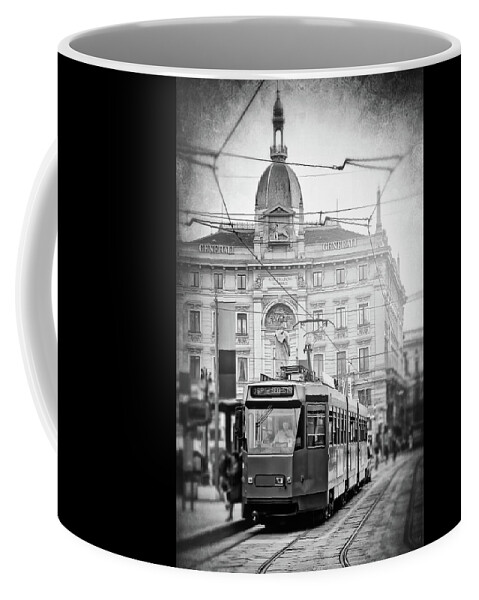 Milan Coffee Mug featuring the photograph City Trams of Milan Italy Black and White by Carol Japp