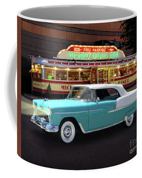 1955 Coffee Mug featuring the photograph Classic '55 Chevy Convertible At Mickey's Diner by Ron Long