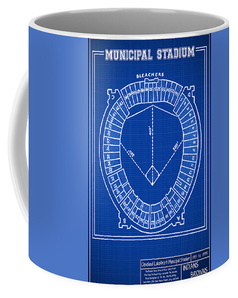 Cleveland Municipal Stadium Coffee Mug featuring the mixed media Cleveland Stadium Municipal Lakefront Stadium by Pheasant Run Gallery