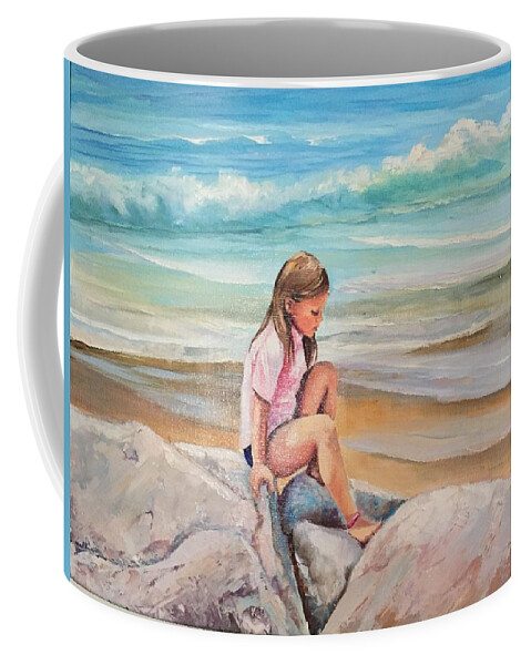 Beach Coffee Mug featuring the painting Climbing on the Rocks by Judy Rixom