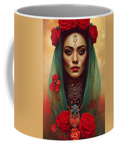 Beautiful Coffee Mug featuring the painting Closeup Portrait Of Beautiful Mexican Queen Of Th 4fe6ce64 5481 4142 Ae54 E451d4f6a147 by MotionAge Designs