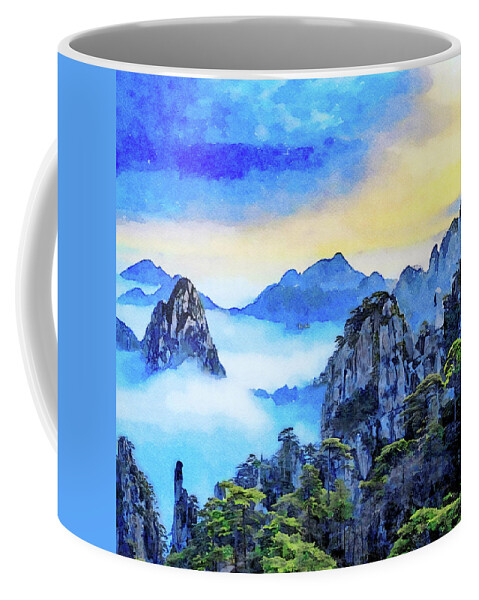 Huangshan Coffee Mug featuring the painting Clouds Yellow Mountain China by Russ Harris