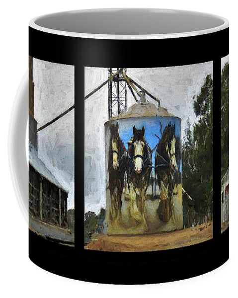 Clydesdales Coffee Mug featuring the mixed media Clydesdales Clem Sam Banjo Goorambat Silo Art by Joan Stratton