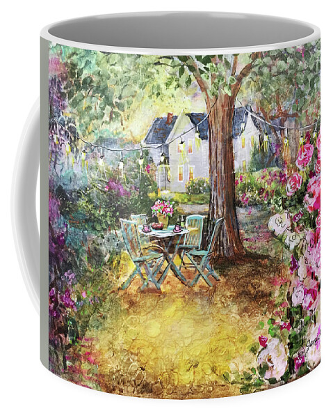  Collage Coffee Mug featuring the mixed media Coffee In The Garden by Janis Lee Colon