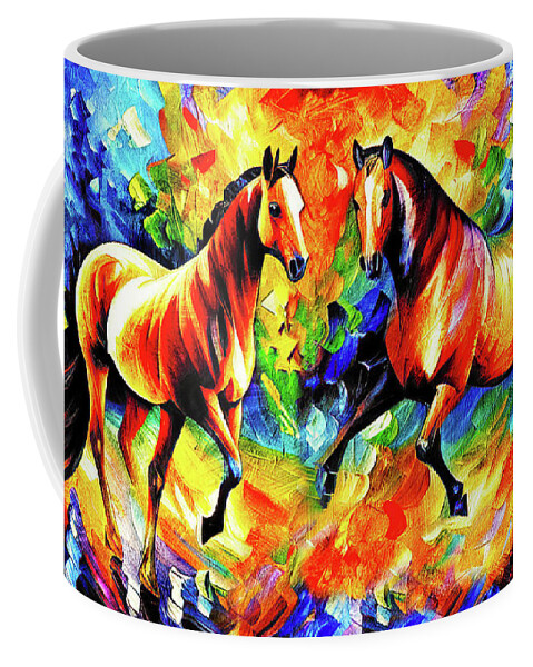 Horse Walking Coffee Mug featuring the digital art Colorful abstract horses meeting - digital painting on colorful background by Nicko Prints