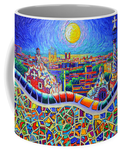 Barcelona Coffee Mug featuring the painting COLORFUL BARCELONA PARK GUELL MAGIC NIGHT BY MOON palette knife oil painting by Ana Maria Edulescu by Ana Maria Edulescu