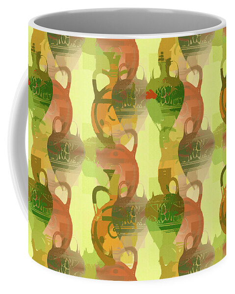 Greek Coffee Mug featuring the mixed media Colorful Greek Vases Abstract Pattern-Vessels not a few by Shelli Fitzpatrick