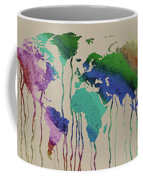 World Map Coffee Mug featuring the painting Colors On Beige Watercolor World Map Silhouette by Irina Sztukowski