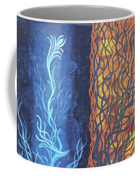 Spirit Coffee Mug featuring the painting Spirit Flower in the Ancient Door - Acrylic Painting on Canvas, Floral Abstract Art by Aneta Soukalova