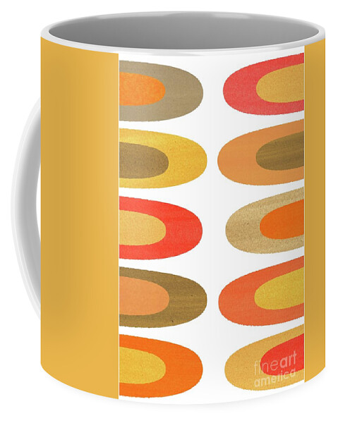 Tan Coffee Mug featuring the mixed media Concentric Oblongs in Warm Colors on White by Donna Mibus