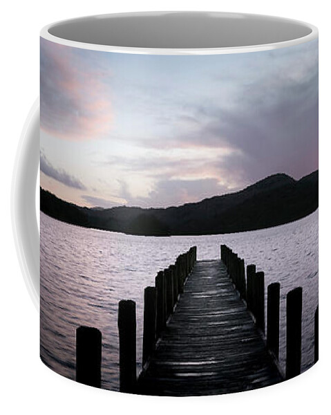 Panorama Coffee Mug featuring the photograph Coniston Water Boat Jetty Sunset Lake District by Sonny Ryse