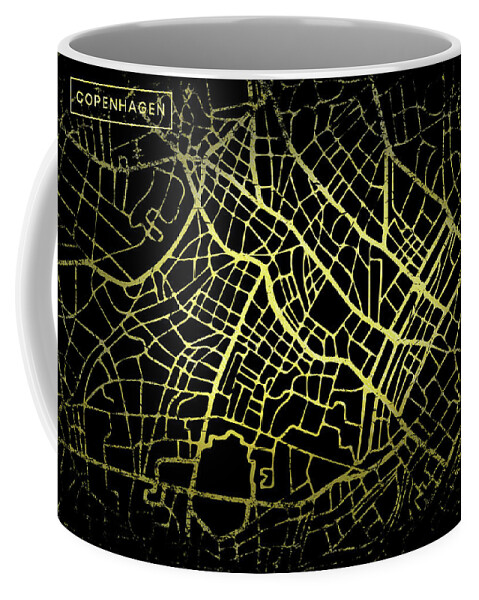 Map Coffee Mug featuring the digital art Copenhagen Map in Gold and Black by Sambel Pedes