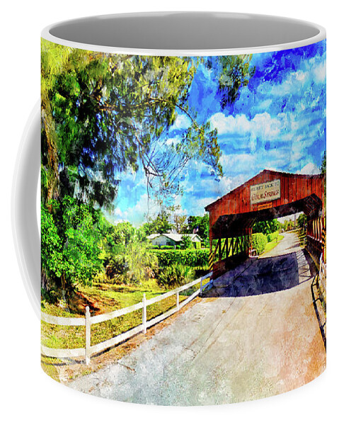 Coral Springs Covered Bridge Coffee Mug featuring the digital art Coral Springs Covered Bridge - watercolor ink painting by Nicko Prints