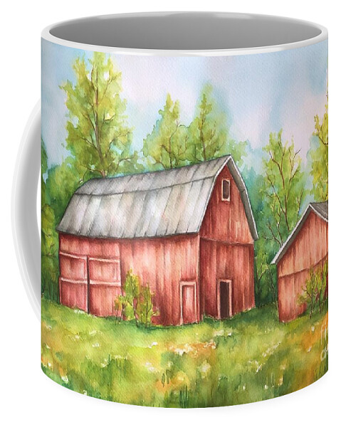 Old Barn Coffee Mug featuring the painting Country barn in spring landscape by Inese Poga