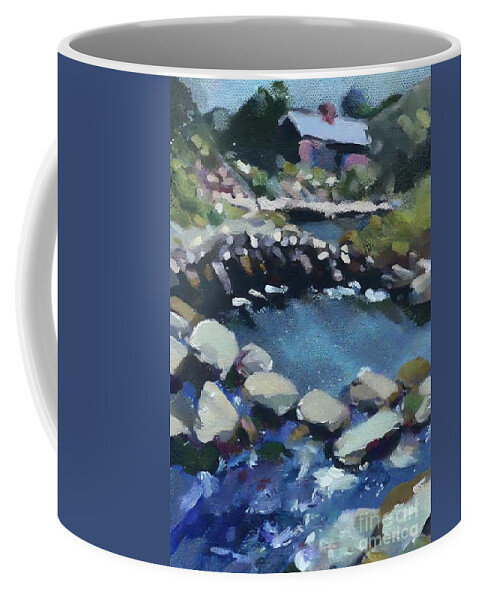 River Coffee Mug featuring the painting Country Bridge Painting river rocks stone stream water bridge england english country creek landscape old background beautiful blue forest green lake landscape mountain natural nature outdoor park by N Akkash