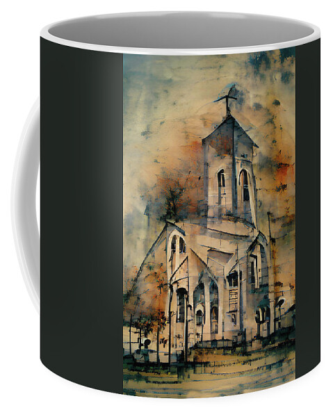 Church Coffee Mug featuring the painting Country Church Abstract Watercolor by David Dehner