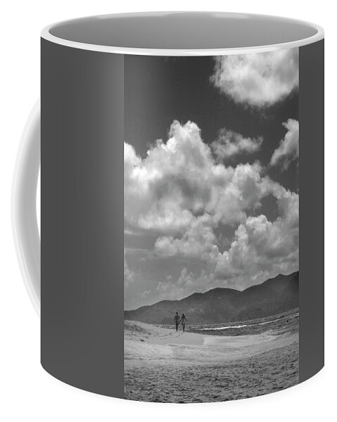 Black And White Coffee Mug featuring the photograph Couple on Sandy Spit in Black and White by James C Richardson