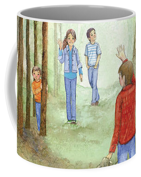 Horseshoe Hideout Coffee Mug featuring the mixed media Cover for middle-grade novel The Children of Horseshoe Hideout in Family Trees by Rebecca Matthews