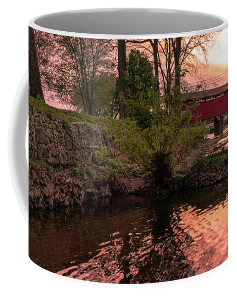 Covered Coffee Mug featuring the photograph Covered Bridge Sunset on the River by Jason Fink