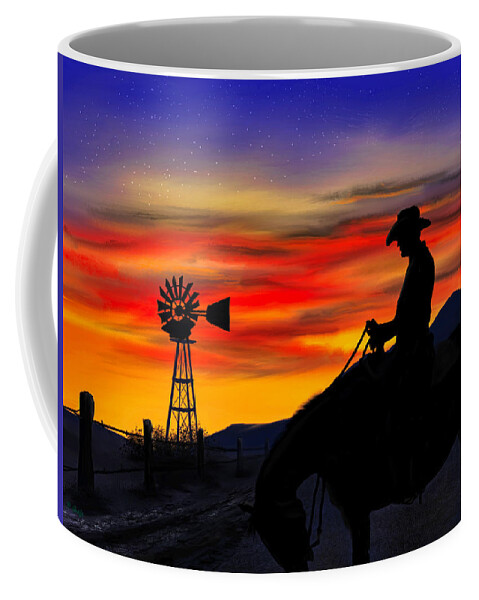 Illustration Coffee Mug featuring the digital art Cowboy at Sunset by Ron Grafe