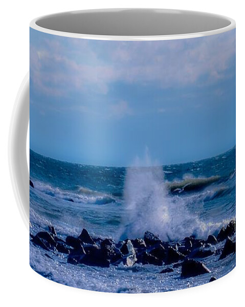 Waves Crashing Coffee Mug featuring the photograph Crashing into Rocks by Christina McGoran