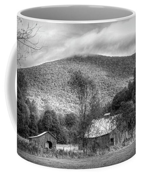 Barns Coffee Mug featuring the photograph Creeper Trail Wooden Barns Damascus Virginia Black and White by Debra and Dave Vanderlaan