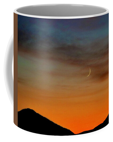 Moon Coffee Mug featuring the photograph Crescent Moon at Sunset by Sarah Lilja