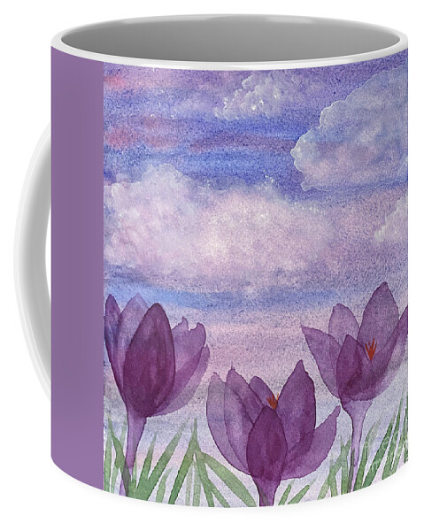 Crocuses Coffee Mug featuring the painting Crocuses and Clouds by Lisa Neuman