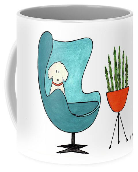 Arne Jacobsen Egg Chair Coffee Mug featuring the painting Cute Dog in Teal Arne Jacobsen Chair by Donna Mibus
