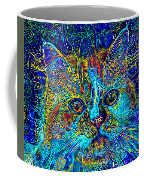 Persian Cat Coffee Mug featuring the digital art Cute Persian cat with blue and cyan colorful patterns by Nicko Prints
