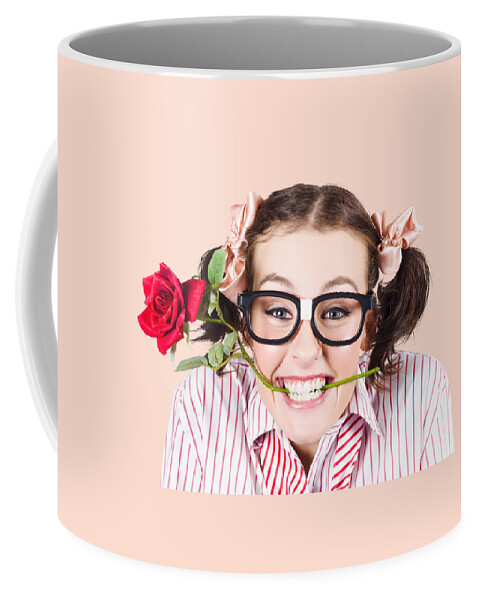 Funny Coffee Mug featuring the photograph Cute Smiling Woman Wearing Nerd Glasses With Rose by Jorgo Photography